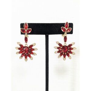 Napier Retro Red Crystal Flower Fan Dangle Clip On Earrings Evening Glam